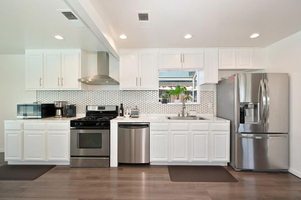 Interior, Kitchen, Recessed Lighting, Stainless Steel Appliances, Wood Texture Flooring