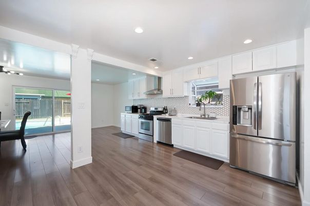 Interior, Kitchen, Recessed Lighting, Stainless Steel Appliances, Wood Texture Flooring