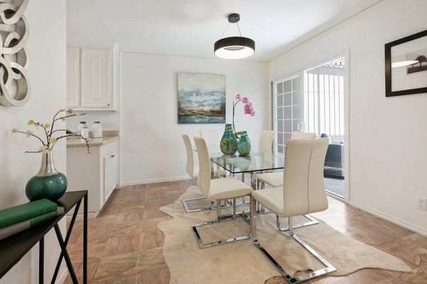 Dining room, Interior, Pendant Lights, Wood Texture Flooring