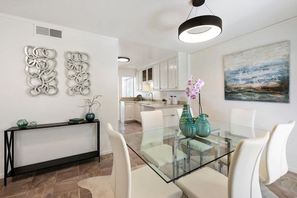 Dining room, Interior, Pendant Lights, Wood Texture Flooring