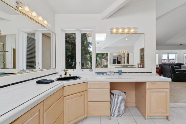 Bathroom, Dual Sink Vanities, Interior, Recessed Lighting, Tile Countertops