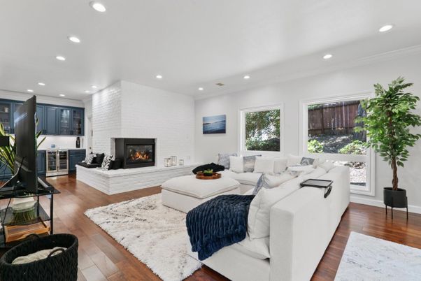 Fireplace, Interior, Living room, Recessed Lighting, Wood Texture Flooring
