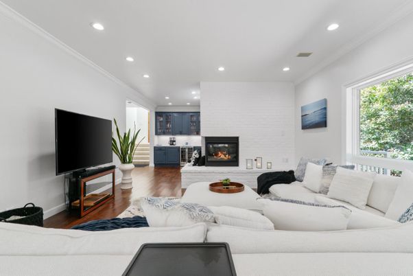 Fireplace, Interior, Living room, Recessed Lighting, Wood Texture Flooring