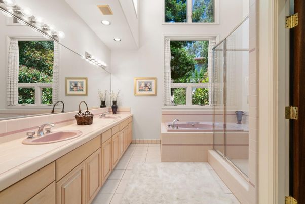 Bathroom, Dual Sink Vanities, Glass Shower, Interior, Recessed Lighting, Tile Countertops