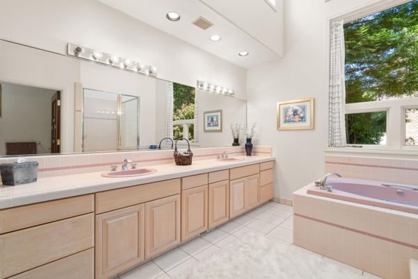 Bathroom, Dual Sink Vanities, Interior, Recessed Lighting, Tile Countertops