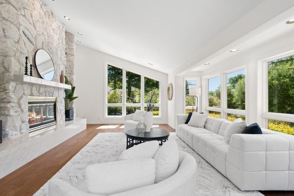 Fireplace, Interior, Living room, Recessed Lighting, Stone Walls, Wood Texture Flooring