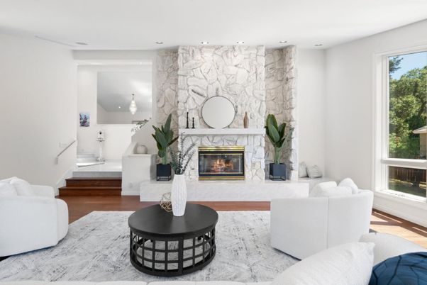Fireplace, Interior, Living room, Recessed Lighting, Stone Walls, Wood Texture Flooring