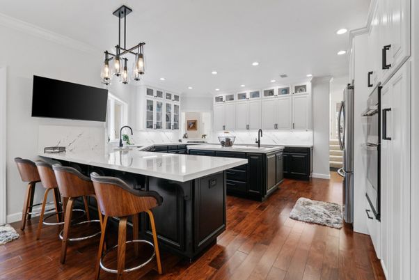 Interior, Kitchen, Marble Walls, Pendant Lights, Recessed Lighting, Wood Texture Flooring