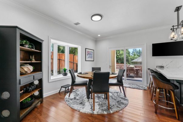 Dining room, Interior, Pendant Lights, Recessed Lighting, Wood Texture Flooring