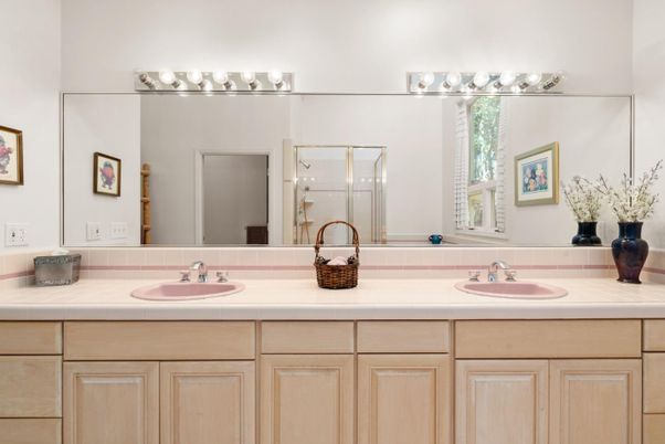 Bathroom, Dual Sink Vanities, Glass Shower, Interior, Tile Countertops