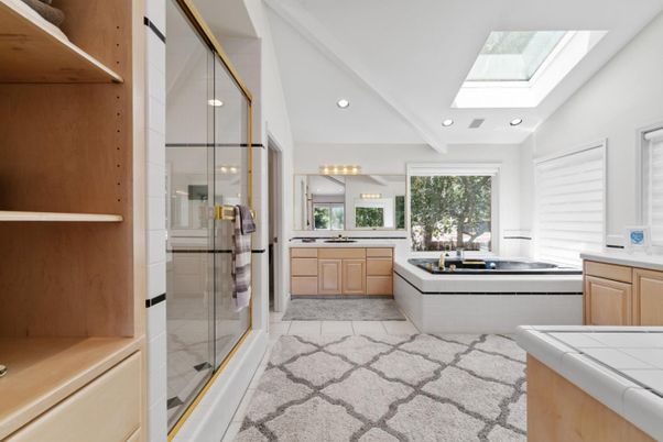 Bathroom, Glass Shower, Interior, Recessed Lighting, Tile Countertops