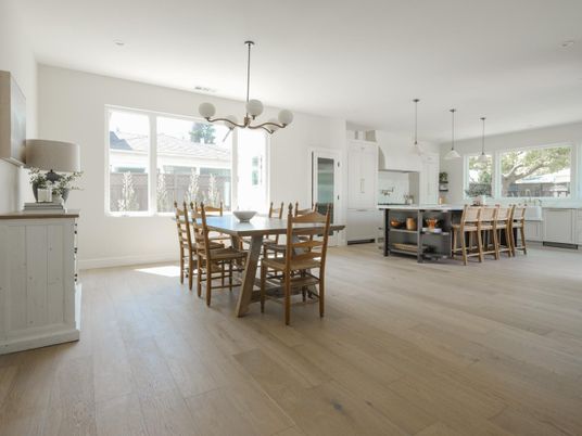 Dining room, Interior, Kitchen, Pendant Lights, Recessed Lighting, Wood Texture Flooring