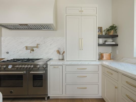 Interior, Kitchen, Marble Walls, Stainless Steel Appliances, Wood Texture Flooring