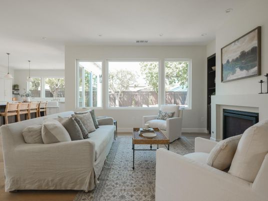 Dining room, Fireplace, Interior, Living room, Pendant Lights, Recessed Lighting, Wood Texture Flooring