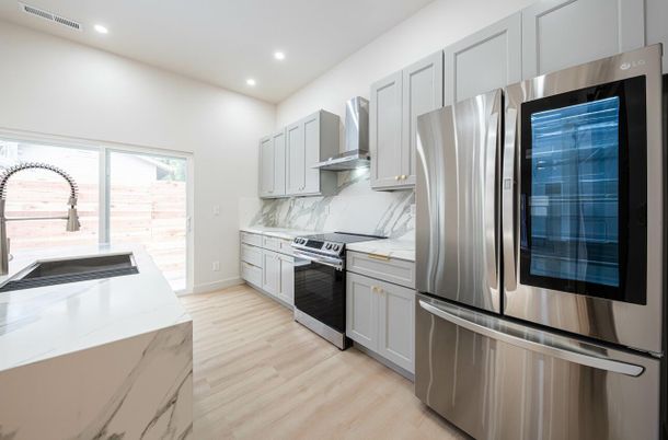 Interior, Kitchen, Recessed Lighting, Stainless Steel Appliances, Wood Texture Flooring