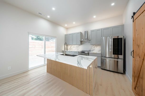Interior, Kitchen, Recessed Lighting, Stainless Steel Appliances, Wood Texture Flooring
