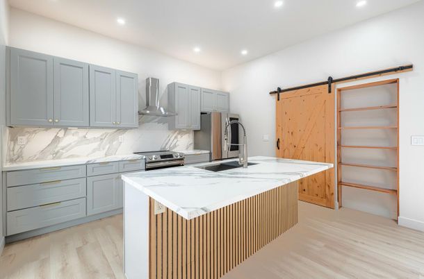 Interior, Kitchen, Recessed Lighting, Stainless Steel Appliances, Wood Texture Flooring