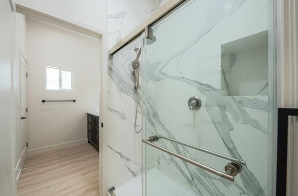 Bathroom, Glass Shower, Interior, Marble Walls, Wood Texture Flooring