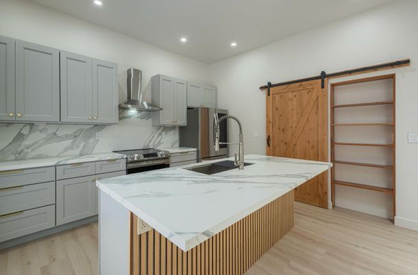Interior, Kitchen, Recessed Lighting, Stainless Steel Appliances, Wood Texture Flooring