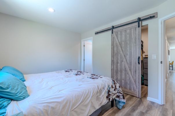 Bedroom, Interior, Recessed Lighting, Wood Texture Flooring