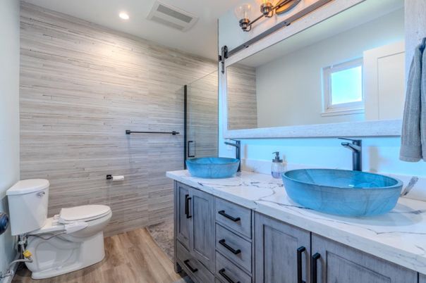 Bathroom, Interior, Recessed Lighting, Wood Texture Flooring, Wooden Walls