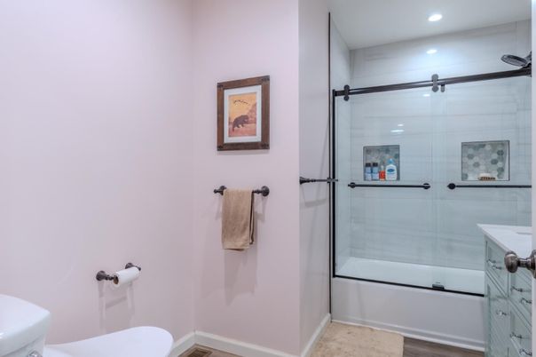 Bathroom, Glass Shower, Interior, Recessed Lighting, Wood Texture Flooring