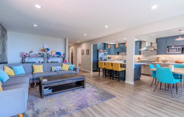 Dining room, Interior, Kitchen, Living room, Pendant Lights, Recessed Lighting, Stainless Steel Appliances, Wood Texture Flooring