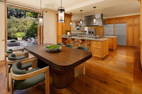 Dining room, Interior, Kitchen, Pendant Lights, Recessed Lighting, Wood Texture Flooring