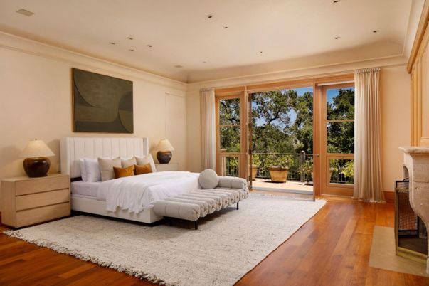 Bedroom, Fireplace, Interior, Recessed Lighting, Wood Texture Flooring