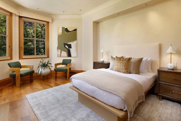 Bedroom, Interior, Recessed Lighting, Wood Texture Flooring