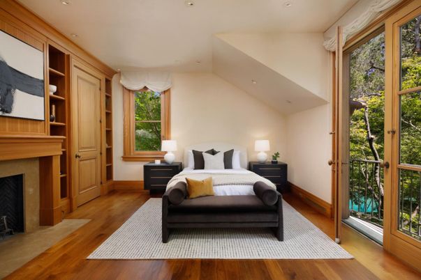 Bedroom, Fireplace, Interior, Recessed Lighting, Wood Texture Flooring