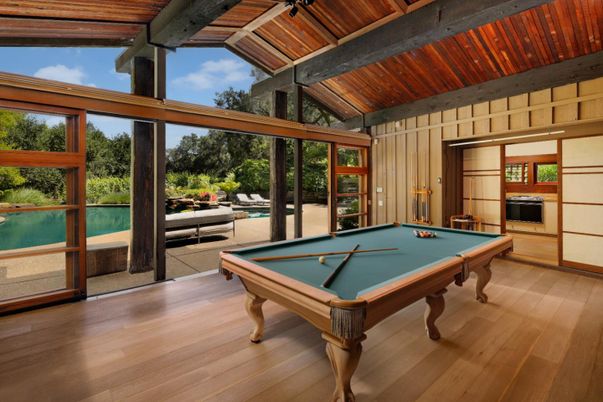 Billiard Table, Game Room, Interior, Wooden Beams, Wooden Ceilings, Wood Texture Flooring