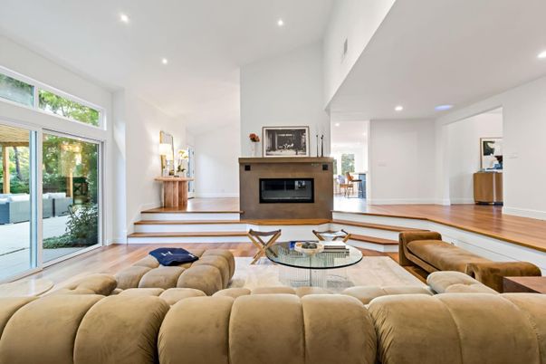 Fireplace, Interior, Living room, Recessed Lighting, Wood Texture Flooring