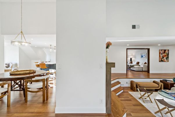 Dining room, Interior, Pendant Lights, Recessed Lighting, Wood Texture Flooring