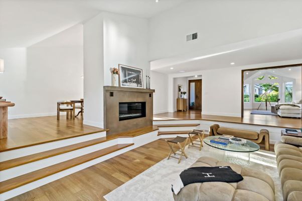 Fireplace, Interior, Living room, Recessed Lighting, Wood Texture Flooring