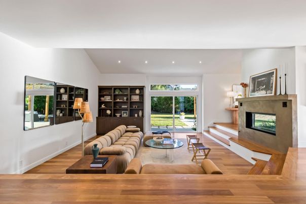 Fireplace, Interior, Living room, Recessed Lighting, Wood Texture Flooring