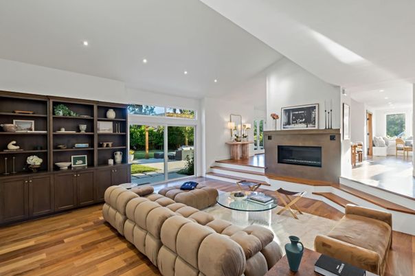Fireplace, Interior, Living room, Recessed Lighting, Wood Texture Flooring