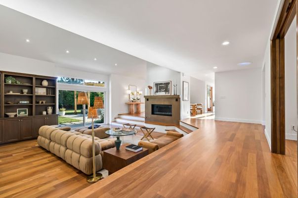 Fireplace, Interior, Living room, Recessed Lighting, Wood Texture Flooring