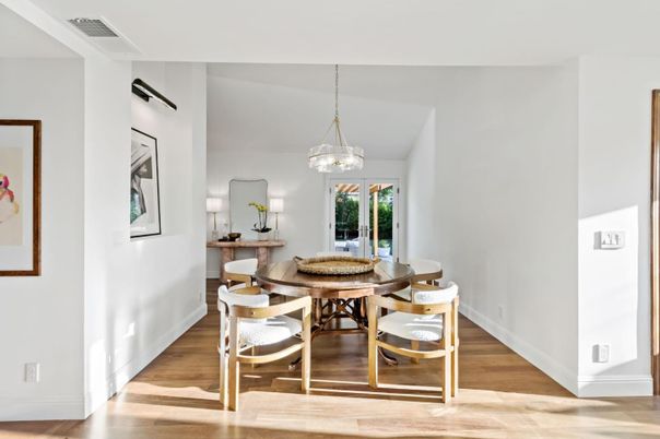 Dining room, Interior, Pendant Lights, Wood Texture Flooring