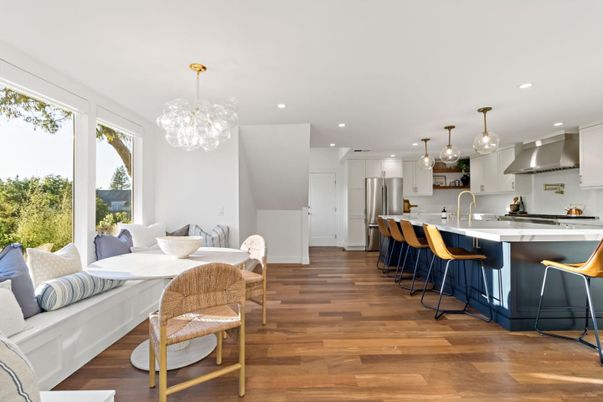 Dining room, Interior, Kitchen, Pendant Lights, Recessed Lighting, Stainless Steel Appliances, Wood Texture Flooring