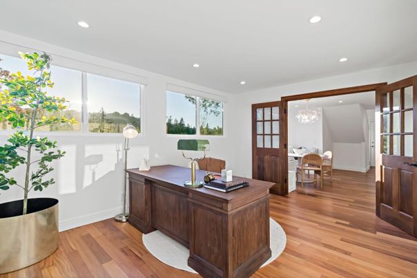 Chandelier, Home Office, Interior, Recessed Lighting, Wood Texture Flooring