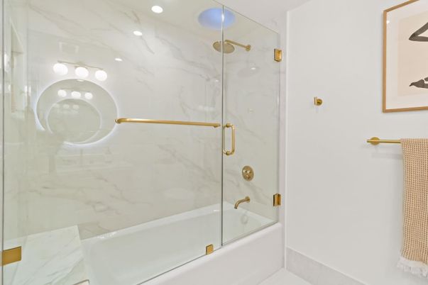 Bathroom, Glass Shower, Interior, Marble Walls, Recessed Lighting