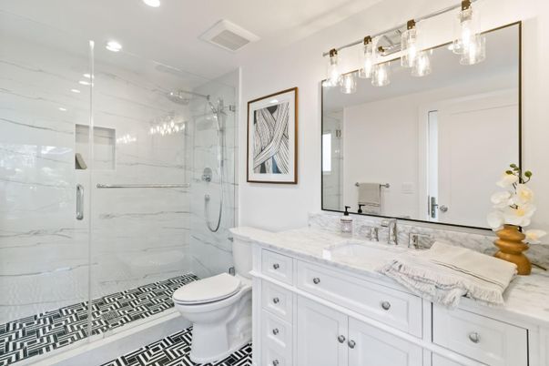 Bathroom, Glass Shower, Interior, Marble Walls, Recessed Lighting