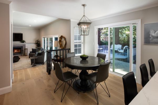 Dining room, Fireplace, Interior, Living room, Pendant Lights, Recessed Lighting, Wood Texture Flooring