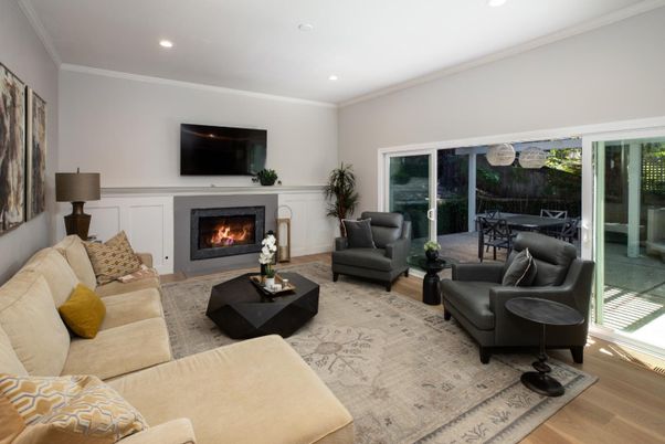 Fireplace, Interior, Living room, Recessed Lighting, Wood Texture Flooring