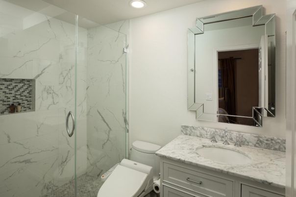 Bathroom, Glass Shower, Interior, Marble Walls, Recessed Lighting