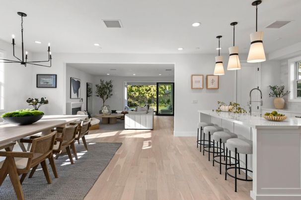 Dining room, Interior, Kitchen, Living room, Pendant Lights, Recessed Lighting, Wood Texture Flooring