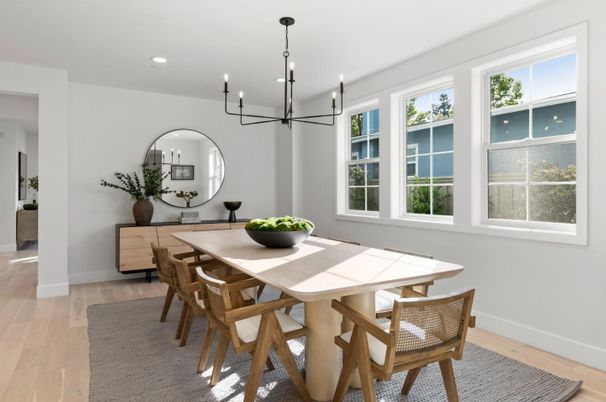 Chandelier, Dining room, Interior, Pendant Lights, Recessed Lighting, Wood Texture Flooring
