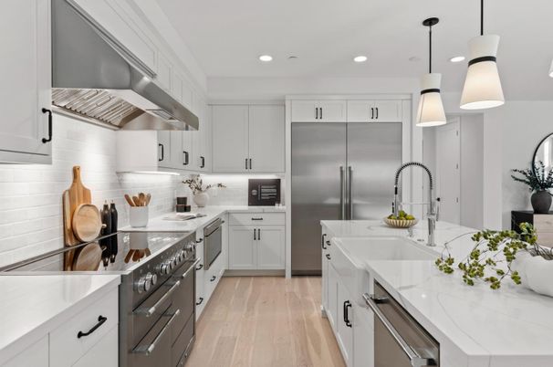 Interior, Kitchen, Pendant Lights, Recessed Lighting, Stainless Steel Appliances, Wood Texture Flooring