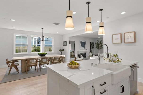 Dining room, Interior, Kitchen, Pendant Lights, Recessed Lighting, Wood Texture Flooring